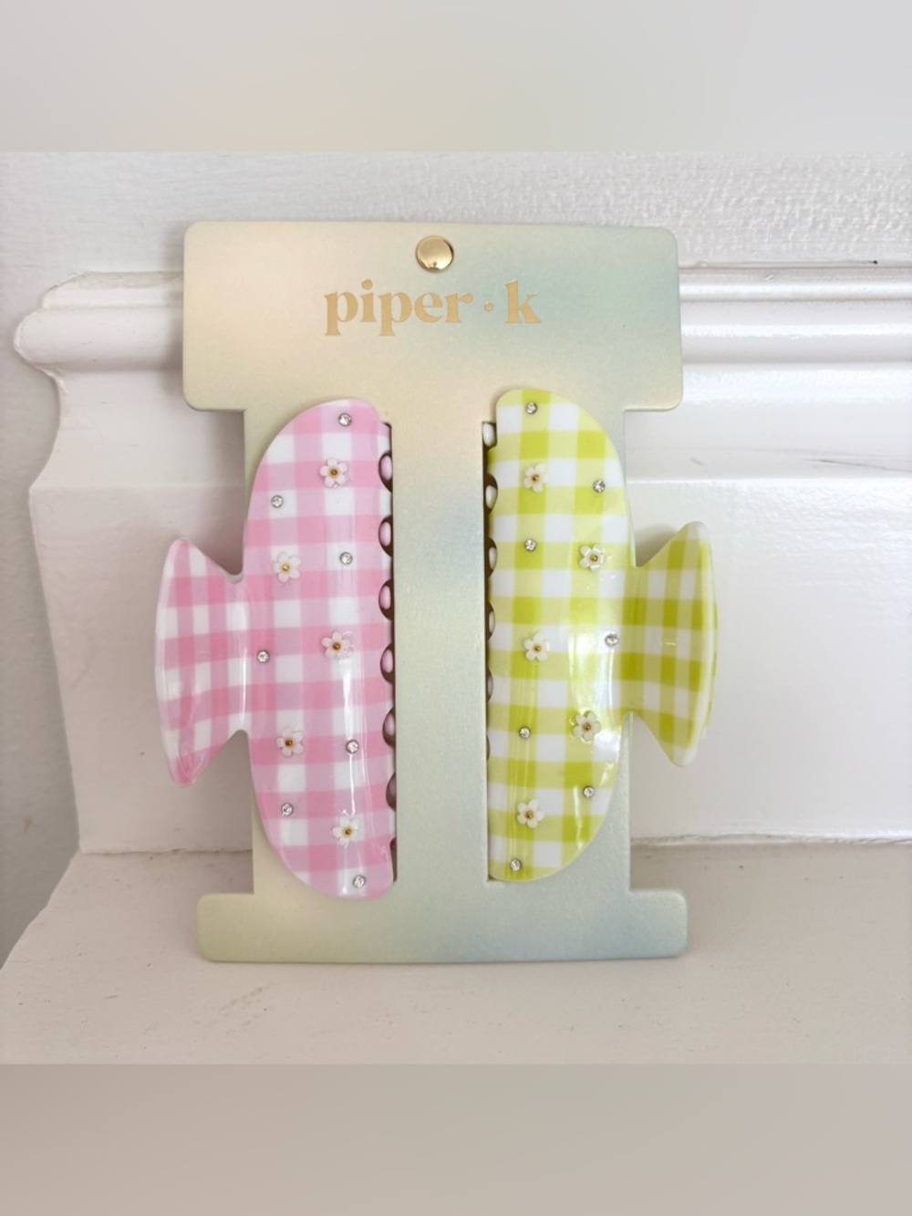 PIPER K Gingham Daisy Clip Set - Pink & Green - Picture 3 of 3